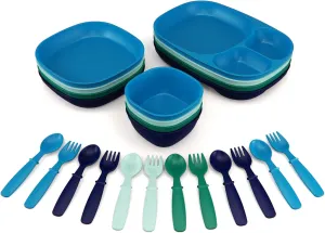 Kid’s Dinnerware Set - 24 Pieces, 4 Place Settings - Tough Tableware for Toddlers - Made in the USA - Dishwasher and Microwave Safe - BPA Free and Shatter Resistant (Ocean)