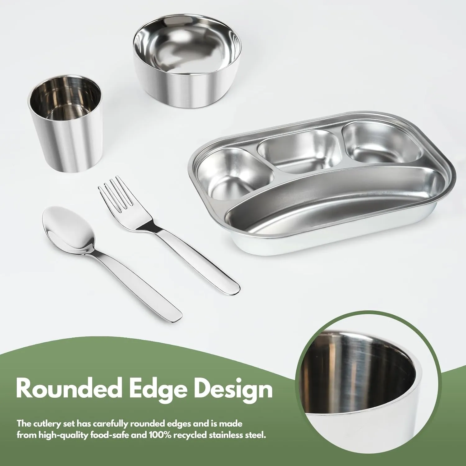 Kids Dinnerware Set 8-Piece | Divided Toddler Plates with Spoon Fork | 304 Stainless Steel Baby Feeding Set | BPA-Free Dishwasher Safe | Learning Tableware Kit Gift (MZ/8)