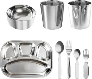 Kids Dinnerware Set 8-Piece | Divided Toddler Plates with Spoon Fork | 304 Stainless Steel Baby Feeding Set | BPA-Free Dishwasher Safe | Learning Tableware Kit Gift (MZ/8)
