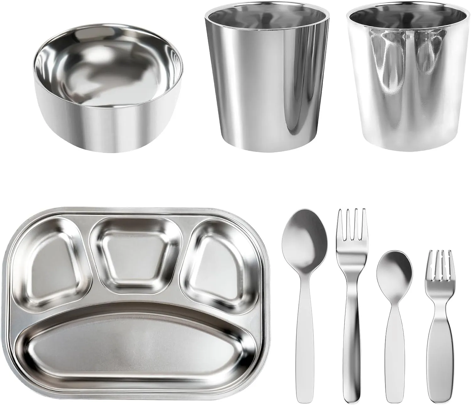 Kids Dinnerware Set 8-Piece | Divided Toddler Plates with Spoon Fork | 304 Stainless Steel Baby Feeding Set | BPA-Free Dishwasher Safe | Learning Tableware Kit Gift (MZ/8)