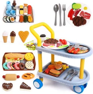 Kids Food cart Toy Sets,Kids Role Play Large Dining car Toys and 98pcs Food, Kitchen, Tableware Accessories., Educational Toys for 3  Years Boys/Gir