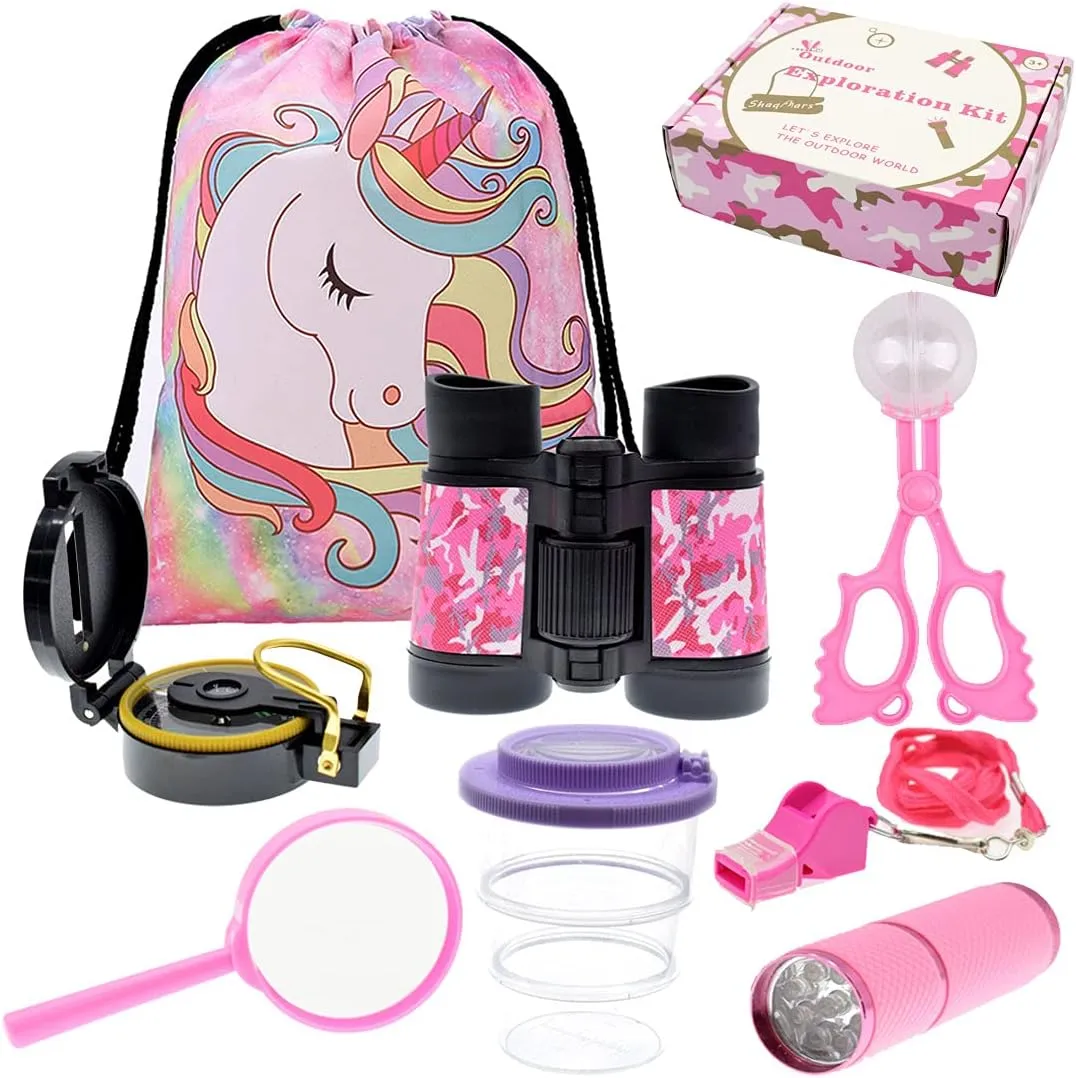 Kids Outdoor Adventure set Unicorn Gifts for Girls，Unicorn Backpack Binoculars Flashlight Compass Magnifying Glass Whistle Gift Box & More Kids Outdoor Toys, Pretend Play. Great Kidz Gift Set