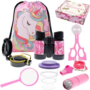Kids Outdoor Adventure set Unicorn Gifts for Girls，Unicorn Backpack Binoculars Flashlight Compass Magnifying Glass Whistle Gift Box & More Kids Outdoor Toys, Pretend Play. Great Kidz Gift Set