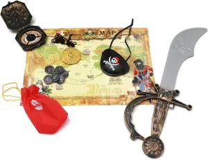 Kids Pirate Costume Dress Up Accessories Set, Role Play Props for Kids Party(Plastic Sword, Pirate Coins, Coin Bag, Eye Patch, Skull Coin Necklace, Compass, Treasure Map).