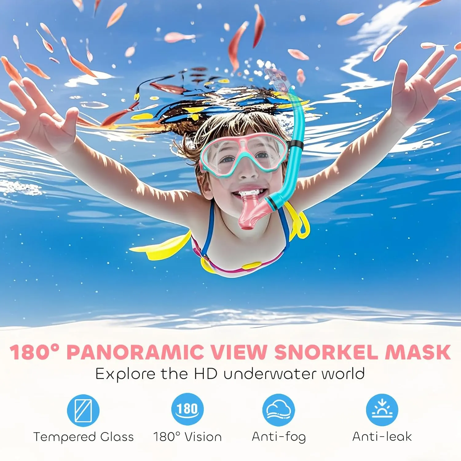 Kids Snorkel Set, Dry Top Snorkeling Gear Kids Swimming Goggles, Anti-Fog Tempered Glass Snorkel Mask with Foldable Breathing Tube, 180 Degree Full View Anti-Leak Diving Mask for Age 6-14, Unisex