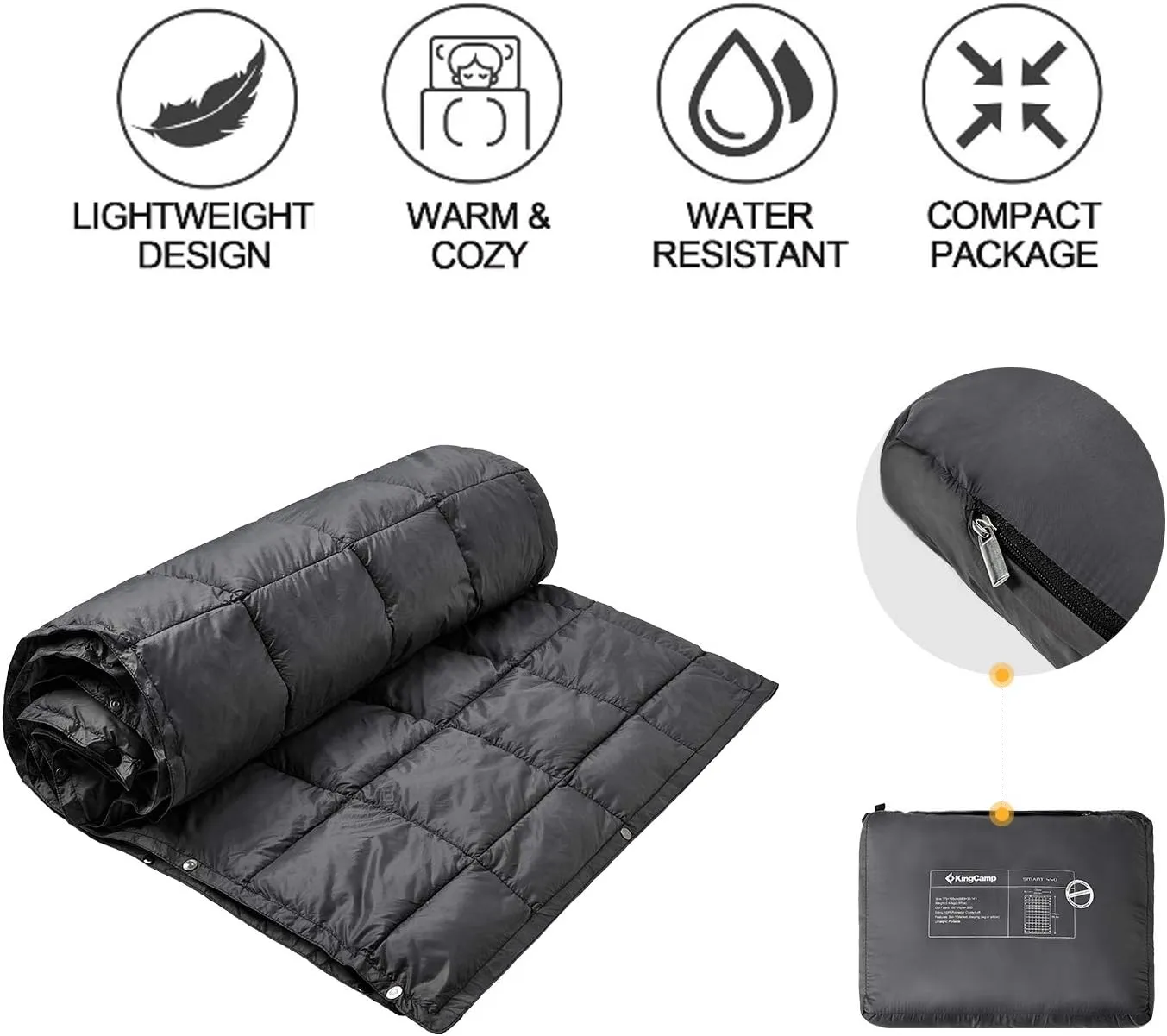 KingCamp Down Camping Blanket - Lightweight, Multifunctional Quilt for Camping with Snap Button, Portable for Stadium, Travel, Airplane, Picnic, Indoor & Outdoor, Provides Warmth