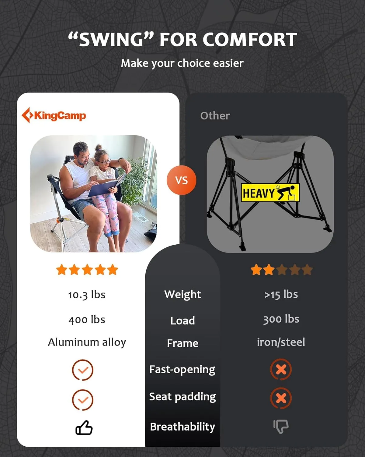 KingCamp Hammock Camping Chair, Swinging Portable Folding Camp Chairs for Adults 400lbs Heavy Duty Foldable Oversized Rocker with Aluminum Alloy Frame Cup Holder Pillow for Outdoor Beach Patio Sport