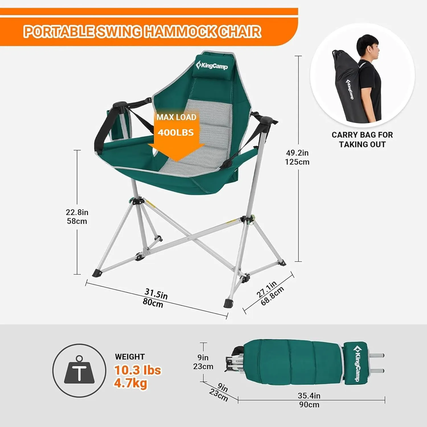 KingCamp Hammock Camping Chair, Swinging Portable Folding Camp Chairs for Adults 400lbs Heavy Duty Foldable Oversized Rocker with Aluminum Alloy Frame Cup Holder Pillow for Outdoor Beach Patio Sport