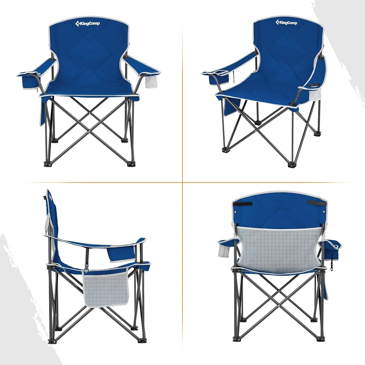 KingCamp Portable Folding Camping Quad Chair, Oversized Fully Cushioned Seat with Side Pocket and Cup Holder, for Tailgates, Beach, Lawn
