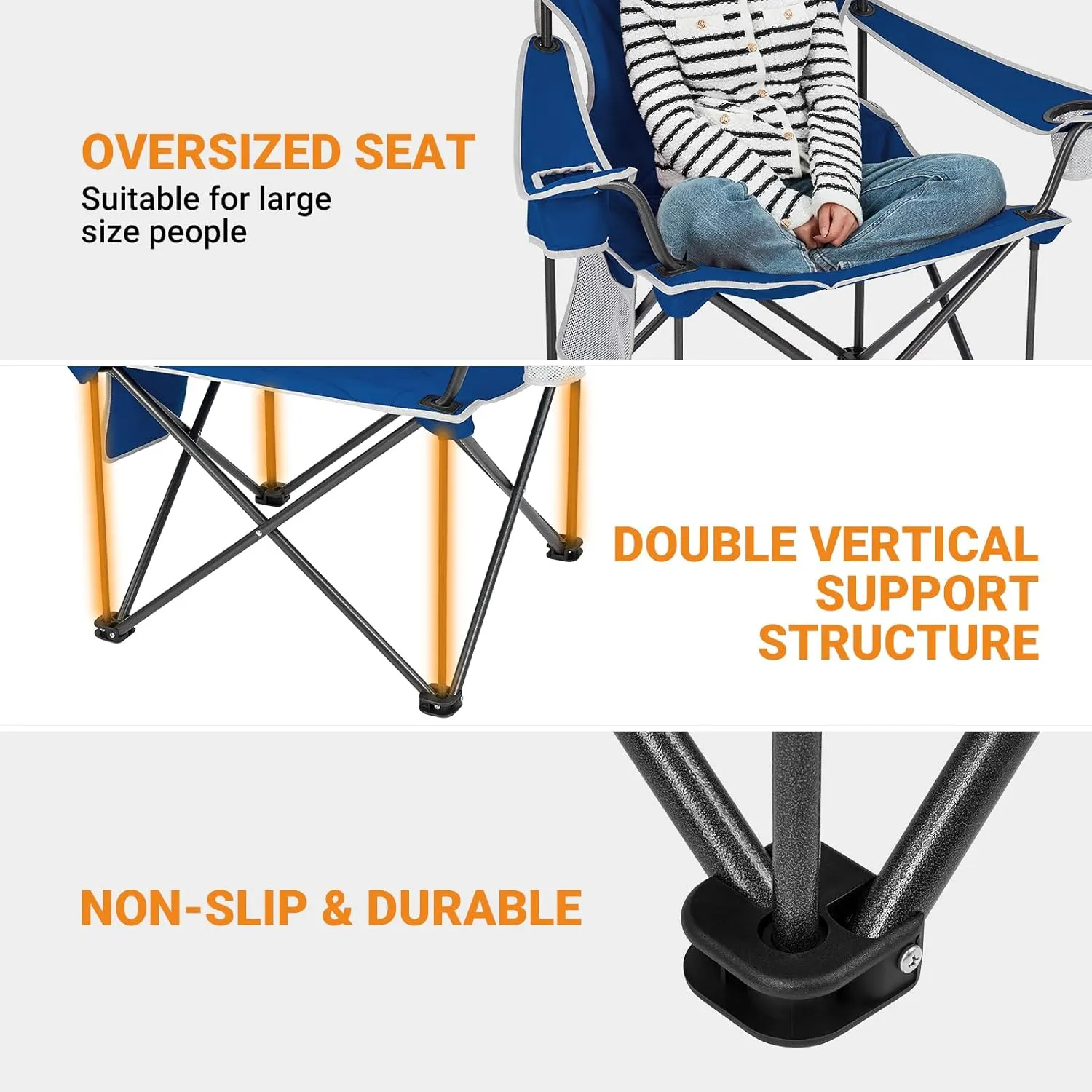 KingCamp Portable Folding Camping Quad Chair, Oversized Fully Cushioned Seat with Side Pocket and Cup Holder, for Tailgates, Beach, Lawn