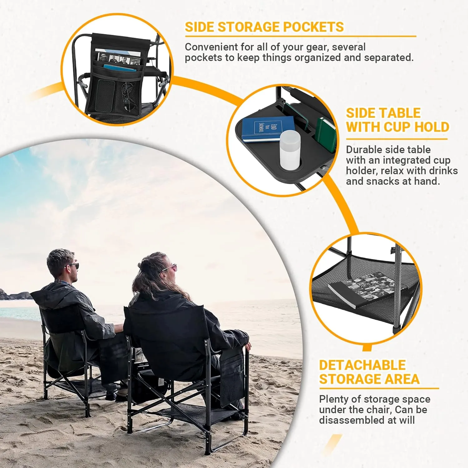 KingCamp Premium Extra Heavy Duty Wide Camping Directors Chairs Supports 300lbs for Adults, Padded Folding Portable Camping Chair with Side Table Storage Pockets Carry Straps, Black