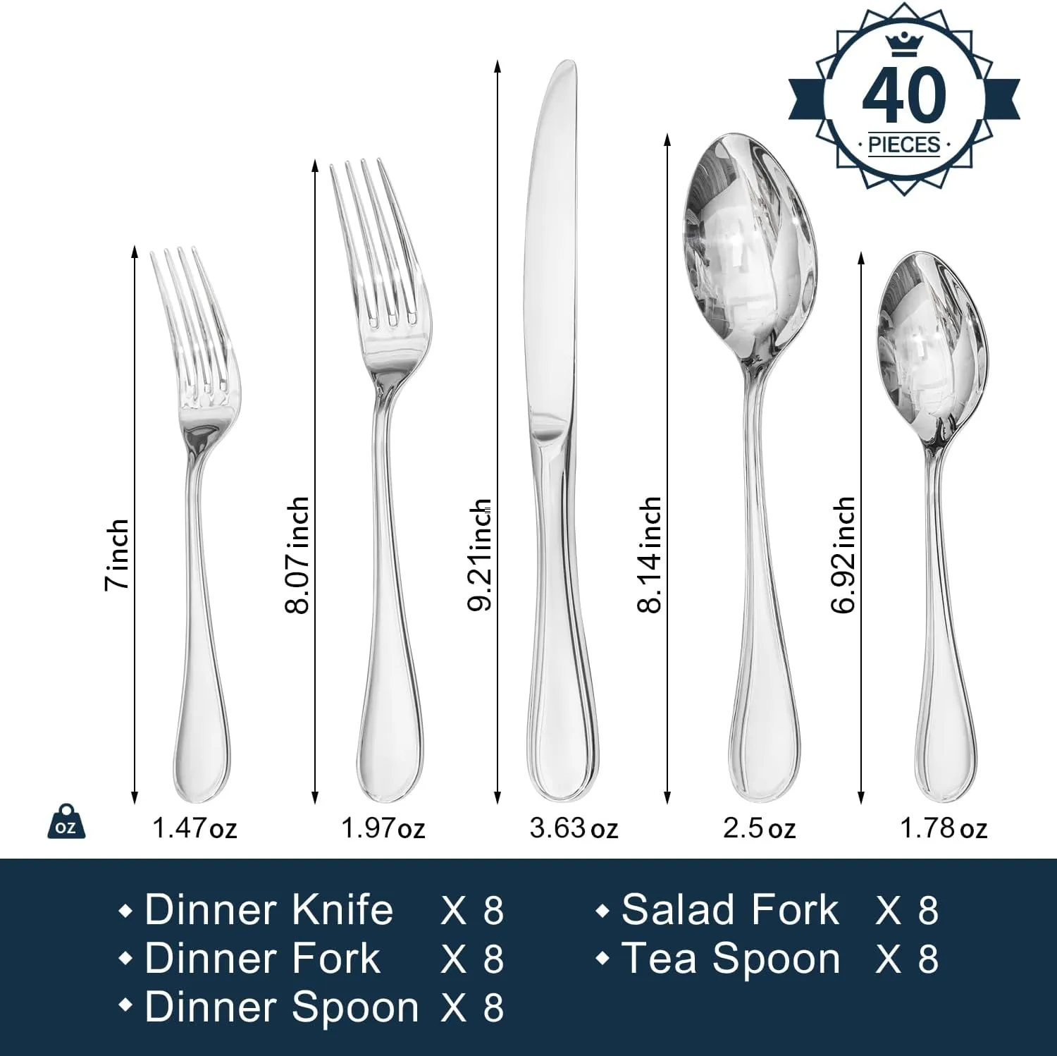 KINGSTONE 40 Piece Teardrop Silverware Set for 8, 18/10 Stainless Steel Flatware Set, Modern Design Cutlery Set for Home/Hotel/Wedding,Mirror Polished and Dishwasher Safe