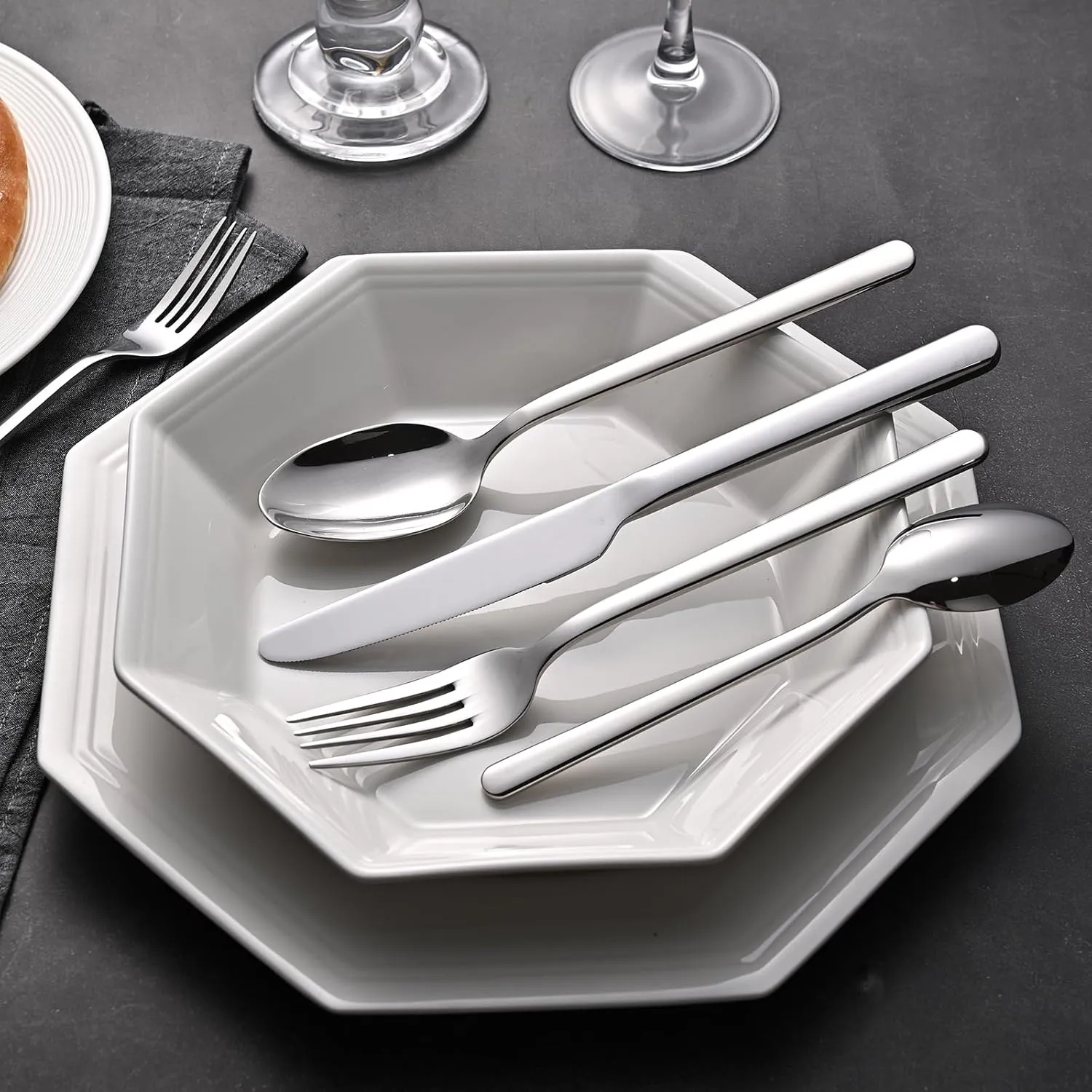 KINGSTONE Forged 40-Piece Silverware Set 18/10 Stainless Steel Flatware Utensils Set for 8, Mirror Finish,Dishwasher Safe (Silver)