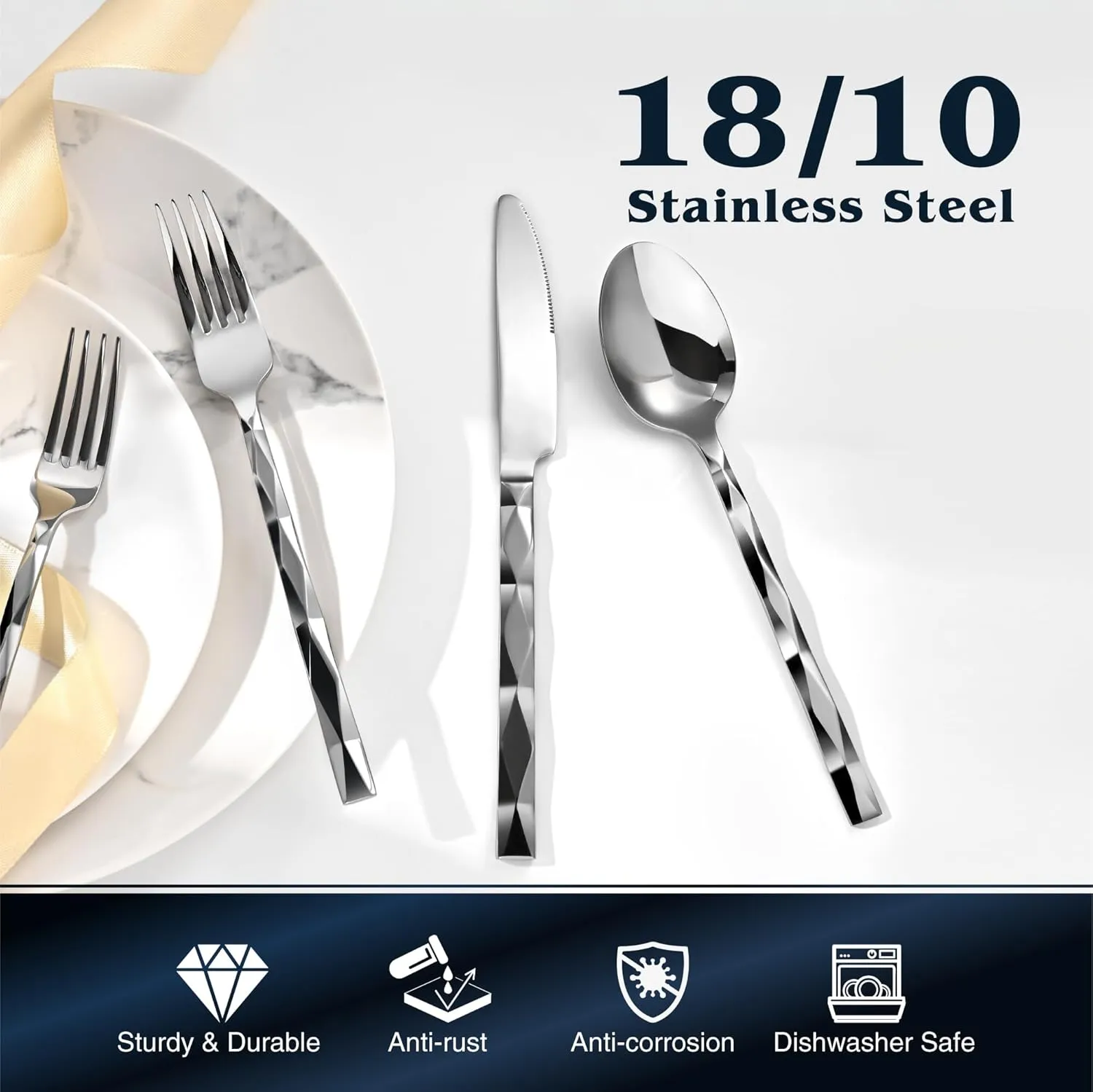 KINGSTONE Silverware Set, Luxury 40 Piece Flatware Set for 8, 18/10 Stainless Steel Cutlery Set with Diamond Cut Pattern for Kitchen, Home, Wedding, Party, Mirror Polished and Dishwasher Safe