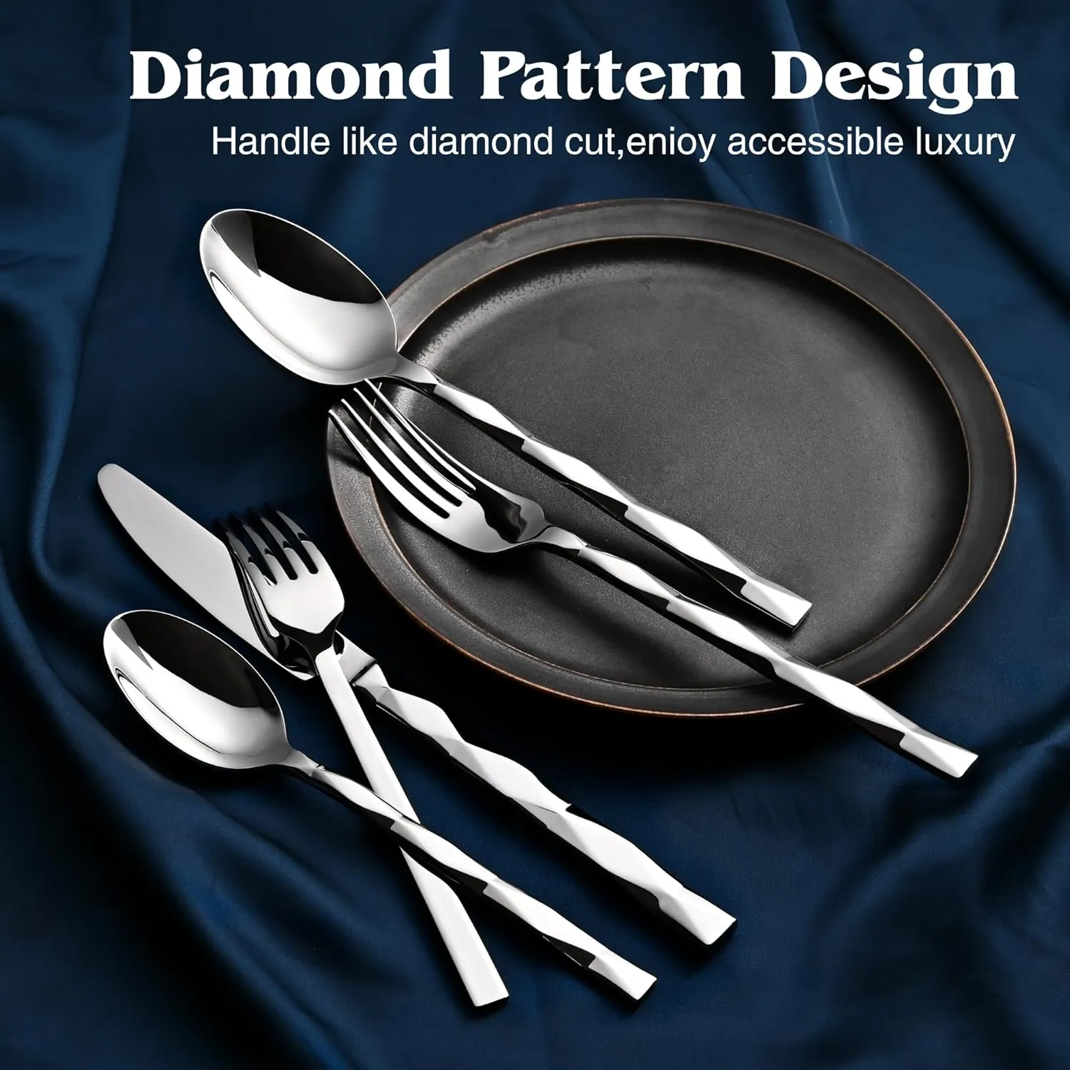 KINGSTONE Silverware Set, Luxury 40 Piece Flatware Set for 8, 18/10 Stainless Steel Cutlery Set with Diamond Cut Pattern for Kitchen, Home, Wedding, Party, Mirror Polished and Dishwasher Safe