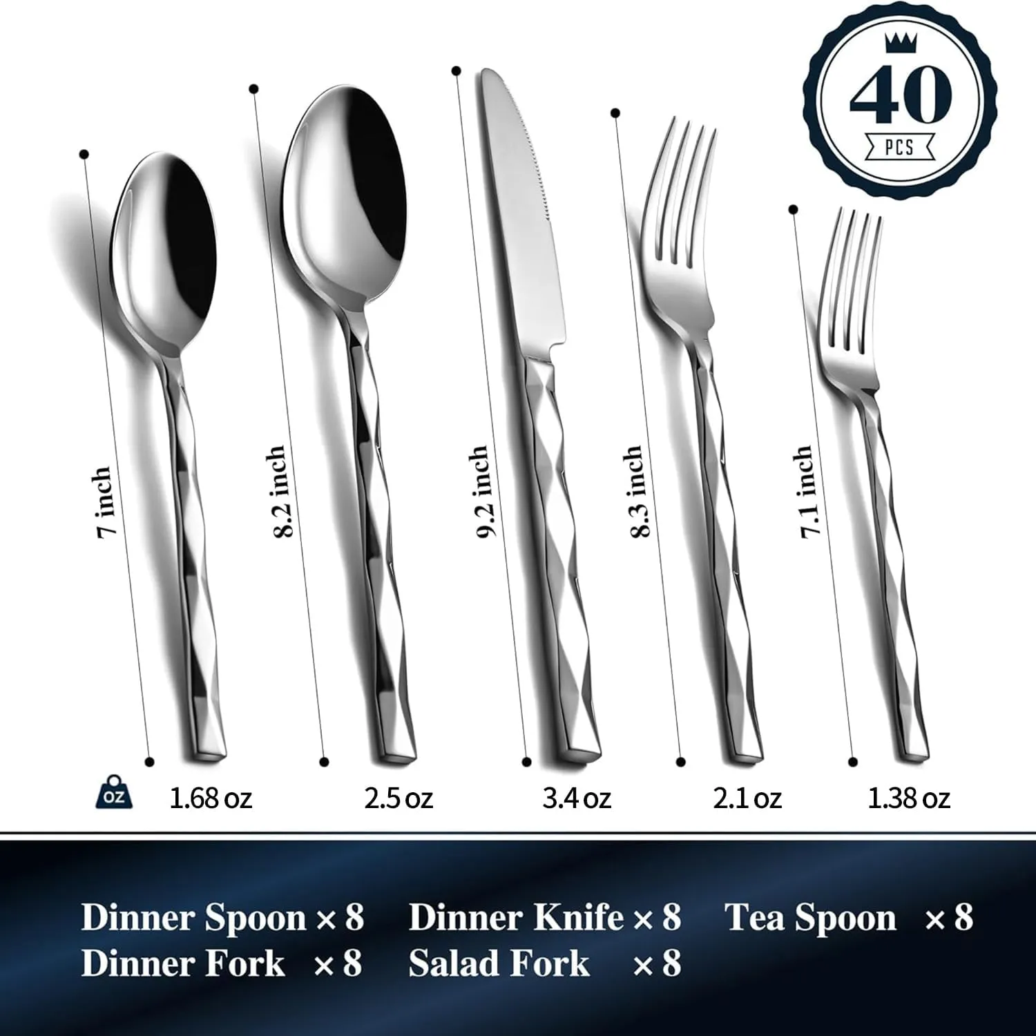 KINGSTONE Silverware Set, Luxury 40 Piece Flatware Set for 8, 18/10 Stainless Steel Cutlery Set with Diamond Cut Pattern for Kitchen, Home, Wedding, Party, Mirror Polished and Dishwasher Safe
