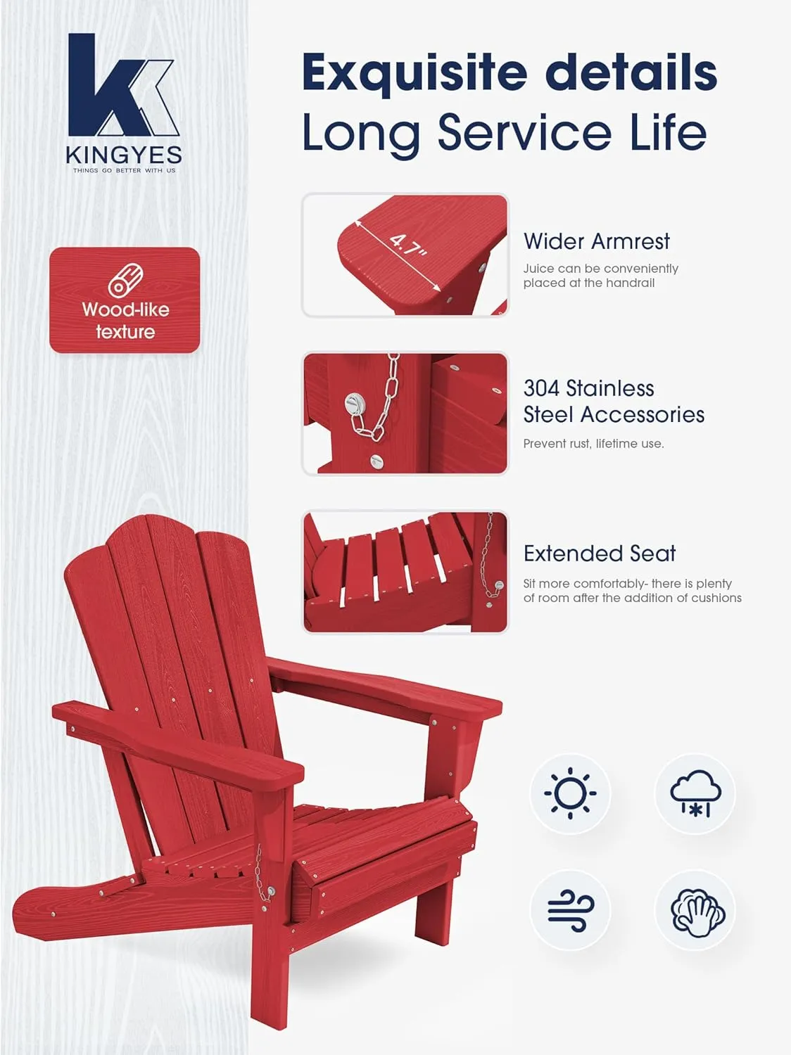 KINGYES Folding Adirondack Chair, HDPE All-Weather Patio Chairs, Wooden Textured Lawn Chair for Poolside, Backyard, Deck, Fire Pit, Light Red