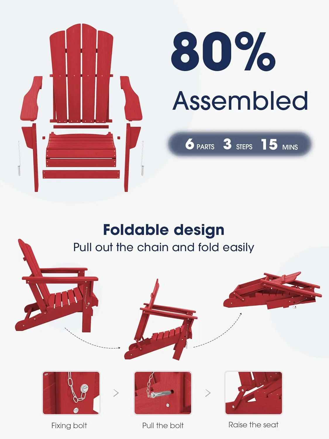 KINGYES Folding Adirondack Chair, HDPE All-Weather Patio Chairs, Wooden Textured Lawn Chair for Poolside, Backyard, Deck, Fire Pit, Light Red