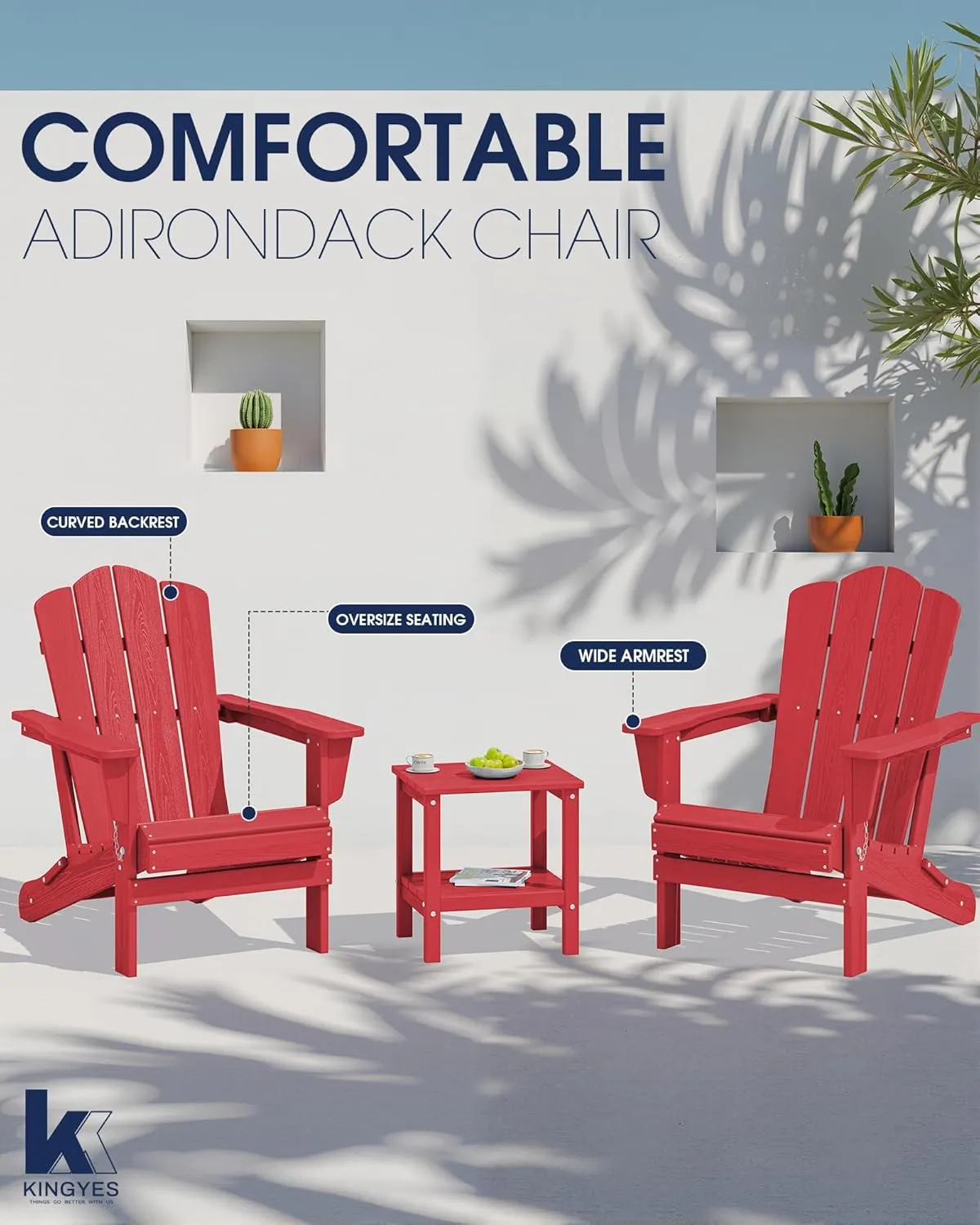 KINGYES Folding Adirondack Chair, HDPE All-Weather Patio Chairs, Wooden Textured Lawn Chair for Poolside, Backyard, Deck, Fire Pit, Light Red