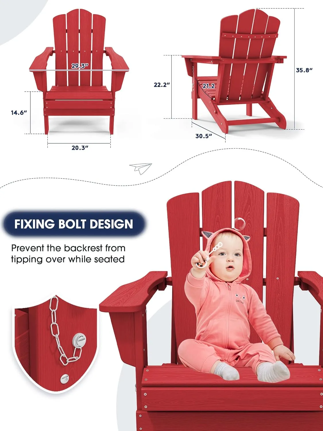 KINGYES Folding Adirondack Chair, HDPE All-Weather Patio Chairs, Wooden Textured Lawn Chair for Poolside, Backyard, Deck, Fire Pit, Light Red