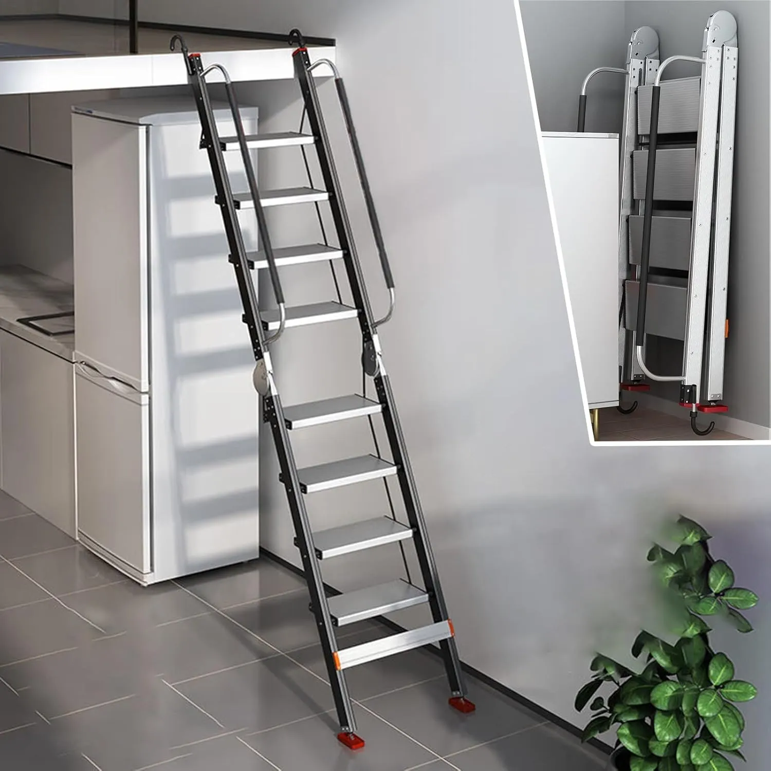 Kunovo Aluminum Alloy Attic Ladder, 10-Step, 293 cm (115 3/8"), Silver, Foldable, 150kg/330lbs Load Capacity