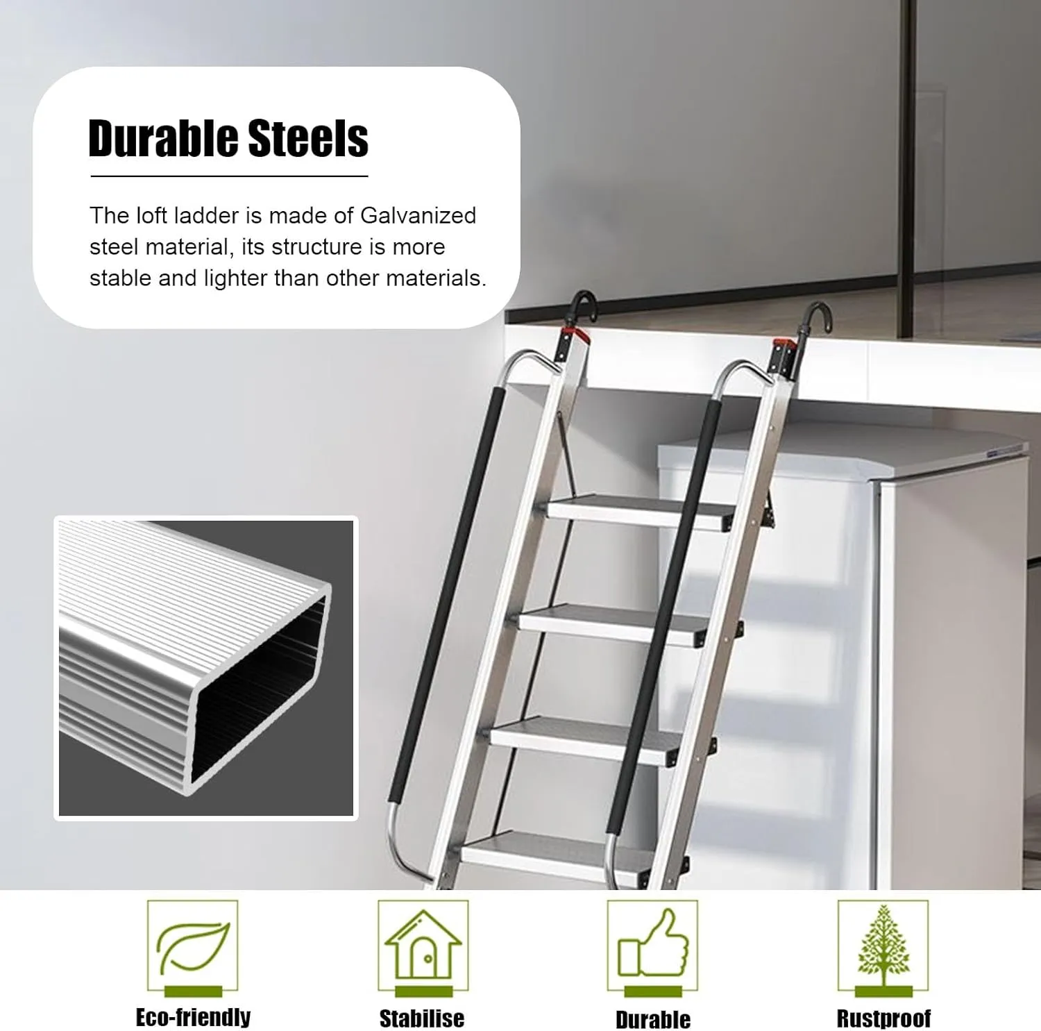 Kunovo Aluminum Alloy Attic Ladder, 10-Step, 293 cm (115 3/8"), Silver, Foldable, 150kg/330lbs Load Capacity