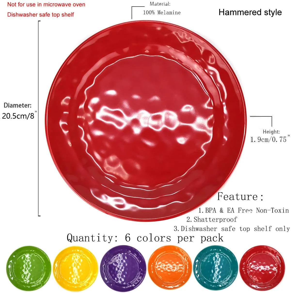 KX-WARE Melamine Plates Set of 12, 8-inch 100% Melamine Salad Plates for Everyday Use, Break-resistant and Lightweight, Multicolor