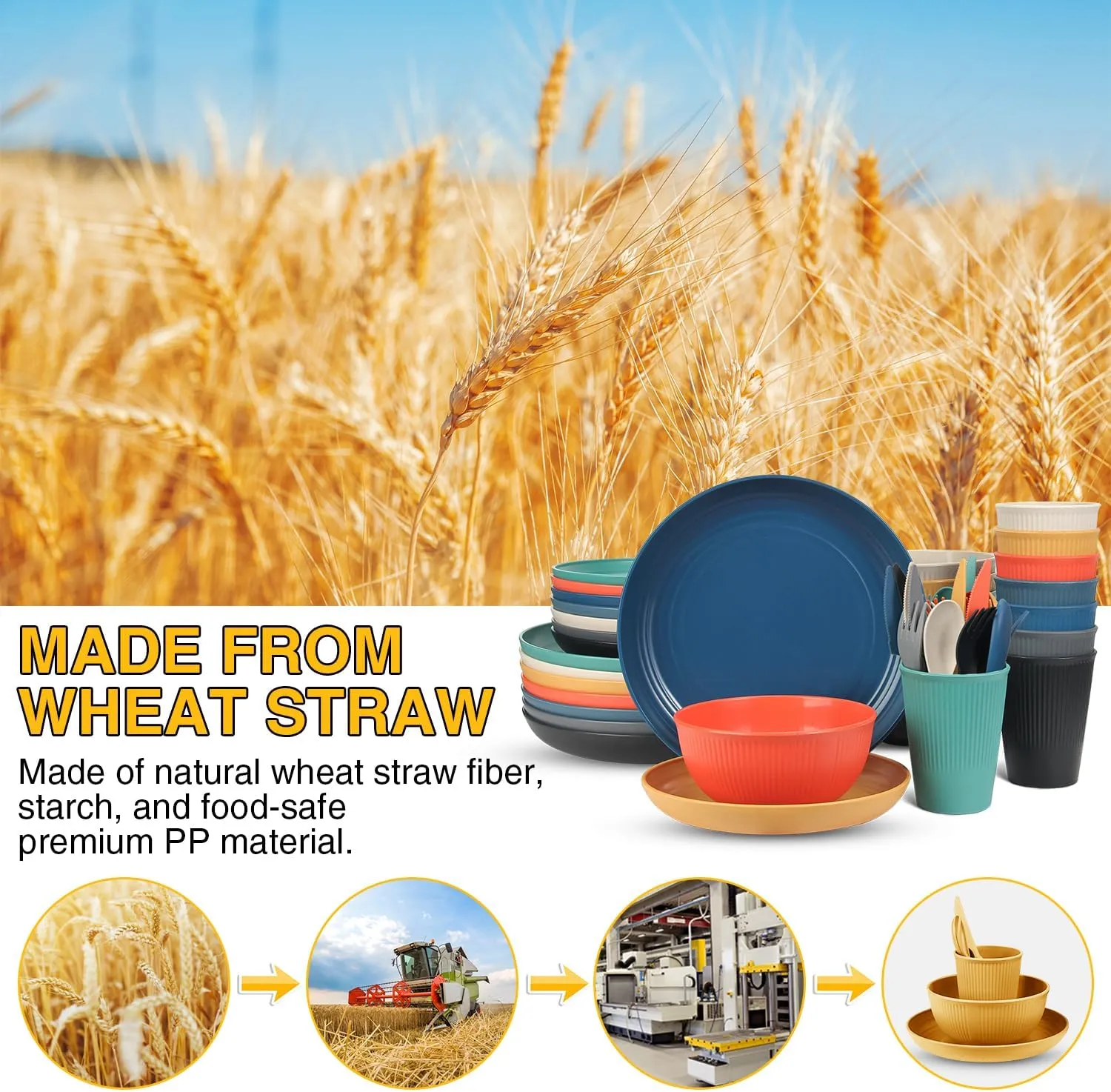 LAERJIN 56 Piece Wheat Straw Dinnerware Sets,Unbreakable Reusable Dinnerware Set,Dishwasher & Microwave Safe Plates and Bowls Sets, for Apartment Essentials, Outdoor Camping, Colourful