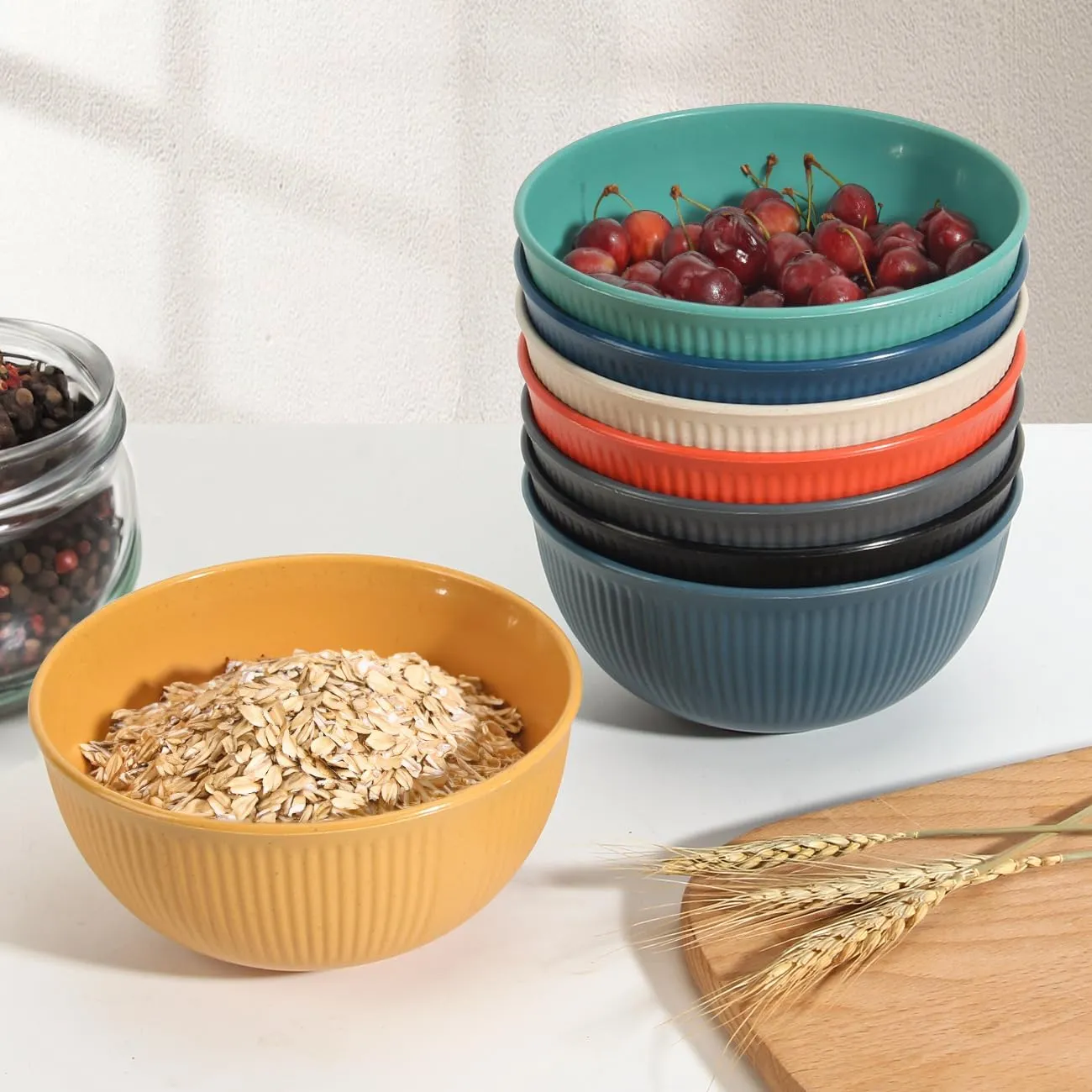 LAERJIN 56 Piece Wheat Straw Dinnerware Sets,Unbreakable Reusable Dinnerware Set,Dishwasher & Microwave Safe Plates and Bowls Sets, for Apartment Essentials, Outdoor Camping, Colourful