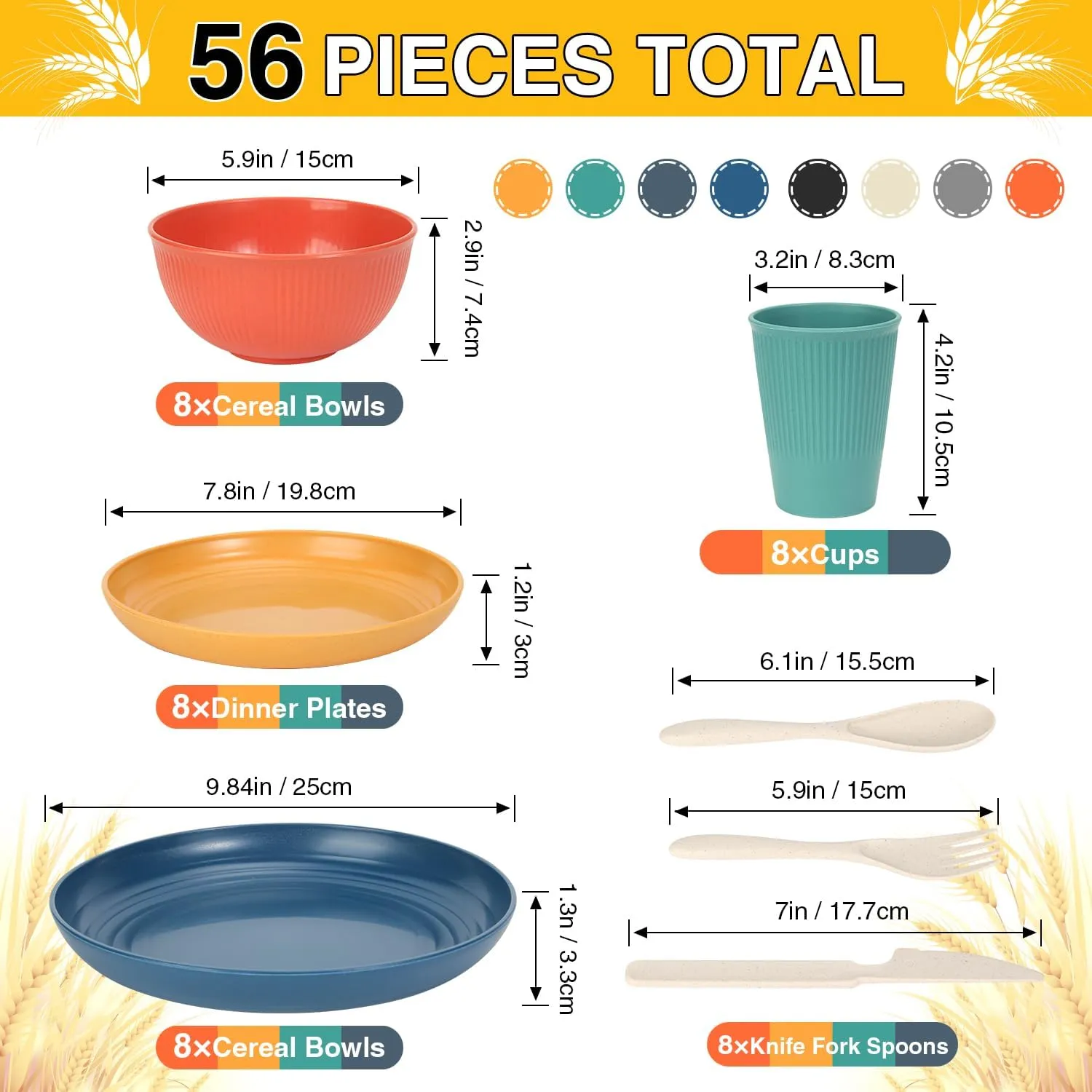 LAERJIN 56 Piece Wheat Straw Dinnerware Sets,Unbreakable Reusable Dinnerware Set,Dishwasher & Microwave Safe Plates and Bowls Sets, for Apartment Essentials, Outdoor Camping, Colourful