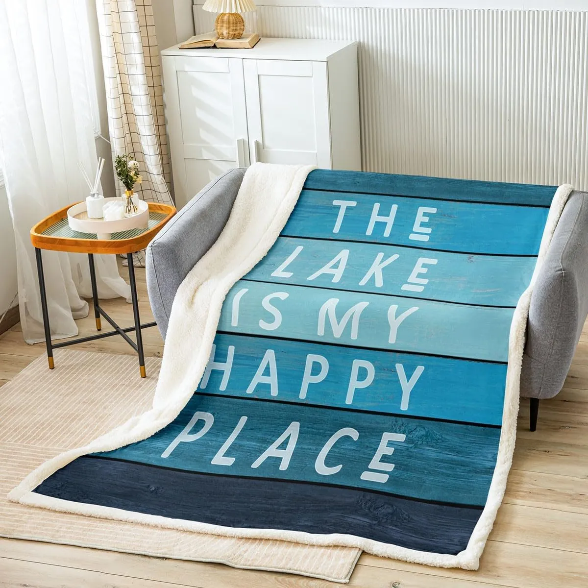 Lake Fleece Blanket Blue Lake Life Decor Fuzzy Blanket Twin Size, Nautical Ocean Theme Throw Blanket For Kids Men Women Lake House Coastal Beach Patchwork Sherpa Blanket For Bedroom Living Rooms