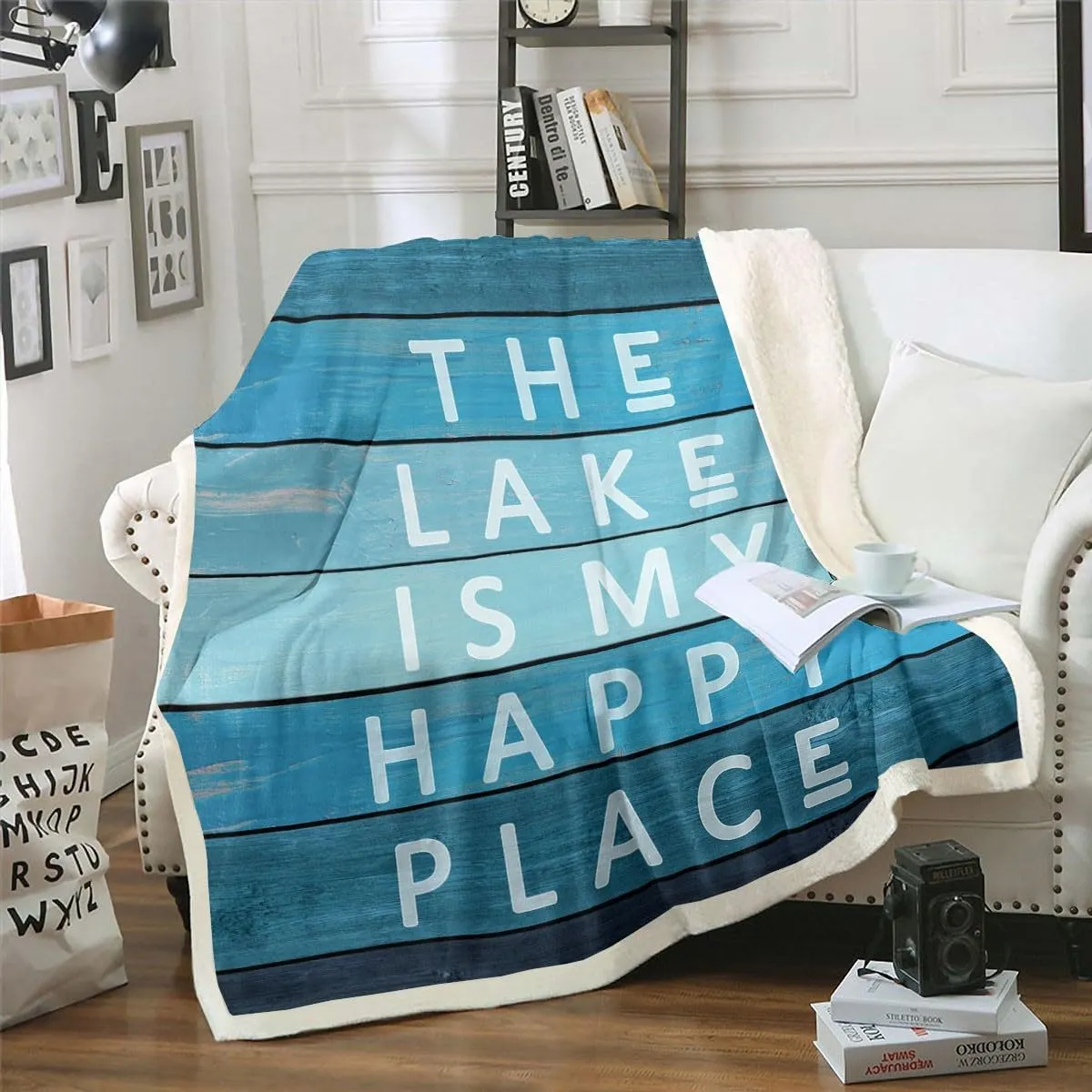 Lake Fleece Blanket Blue Lake Life Decor Fuzzy Blanket Twin Size, Nautical Ocean Theme Throw Blanket For Kids Men Women Lake House Coastal Beach Patchwork Sherpa Blanket For Bedroom Living Rooms