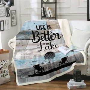 Lake House Fleece Twin Size Blanket, Rustic Farmhouse Throw For Kids Teens Adults, Wooden Barn Door Fuzzy Sherpa Blanket, Ocean Beach Lake House Decor, Blue Grey