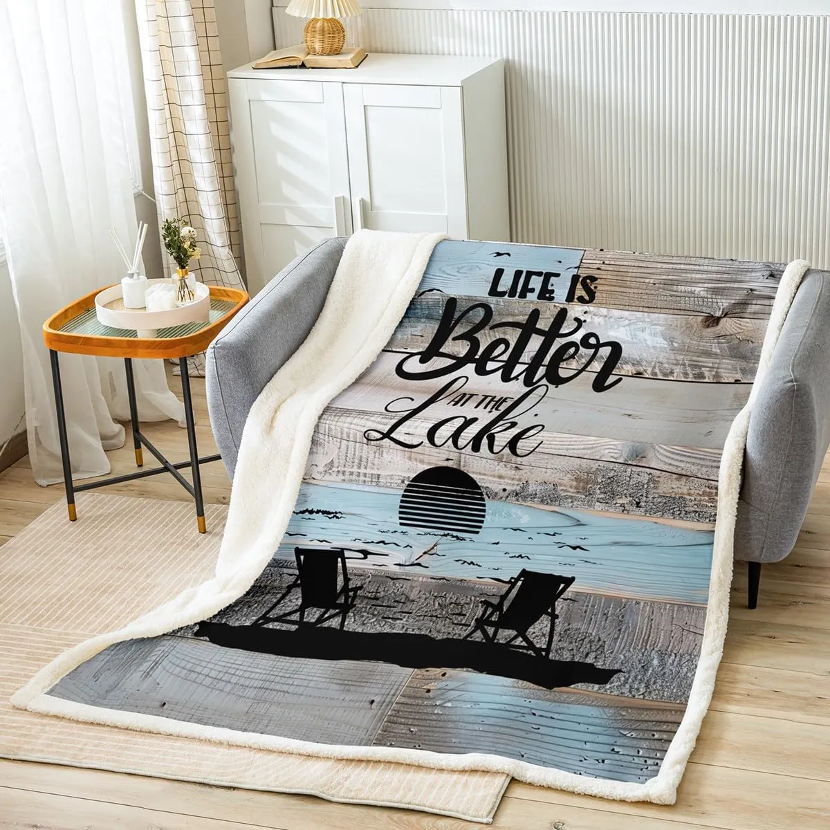 Lake House Fleece Twin Size Blanket, Rustic Farmhouse Throw For Kids Teens Adults, Wooden Barn Door Fuzzy Sherpa Blanket, Ocean Beach Lake House Decor, Blue Grey