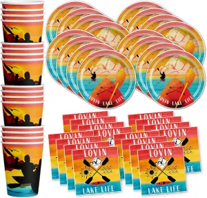Lake Life Birthday Party Supplies - Summer Party Supplies - Kayaking & Fishing Birthday - Camping Paper Plates | Tableware Set Includes Plates, Napkins and Cups | Kit for 16