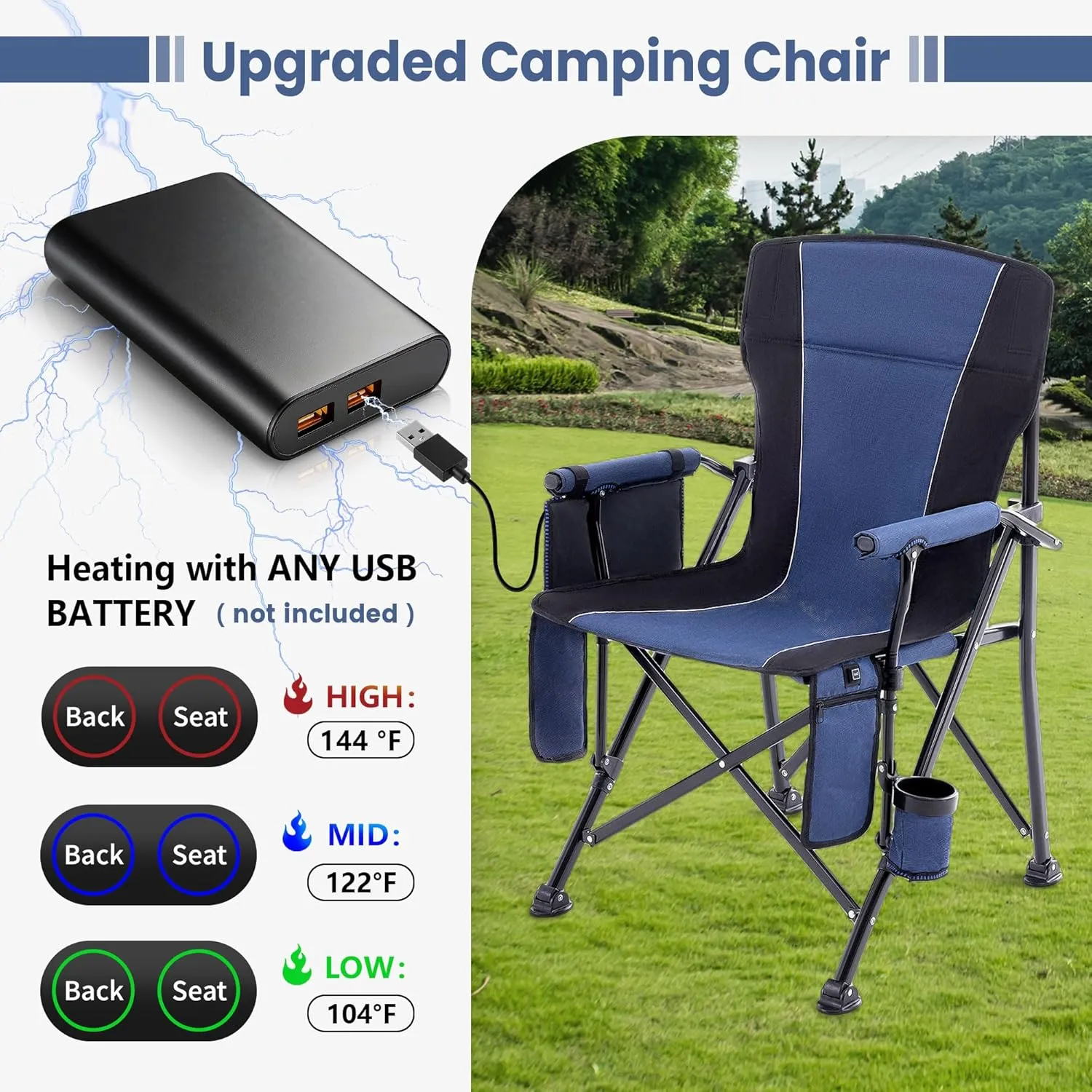 Lamberia Camping Chairs, Portable Heated Folding Chairs for Outdoor Sports, Heavy Duty Lawn Chairs for Adults Support 400lbs, Heated Camp Chair with Cup Holder,Navy Blue(2 Battery Pack Required)