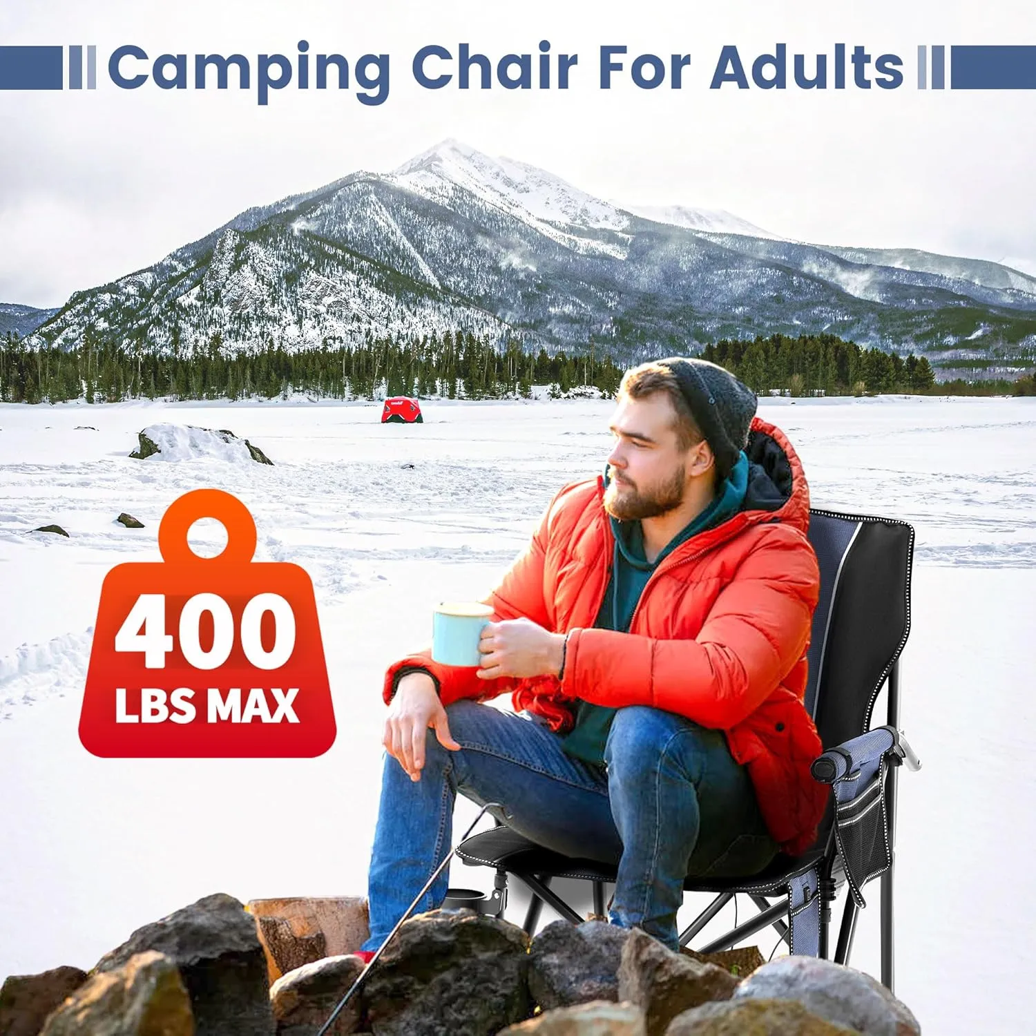Lamberia Camping Chairs, Portable Heated Folding Chairs for Outdoor Sports, Heavy Duty Lawn Chairs for Adults Support 400lbs, Heated Camp Chair with Cup Holder,Navy Blue(2 Battery Pack Required)
