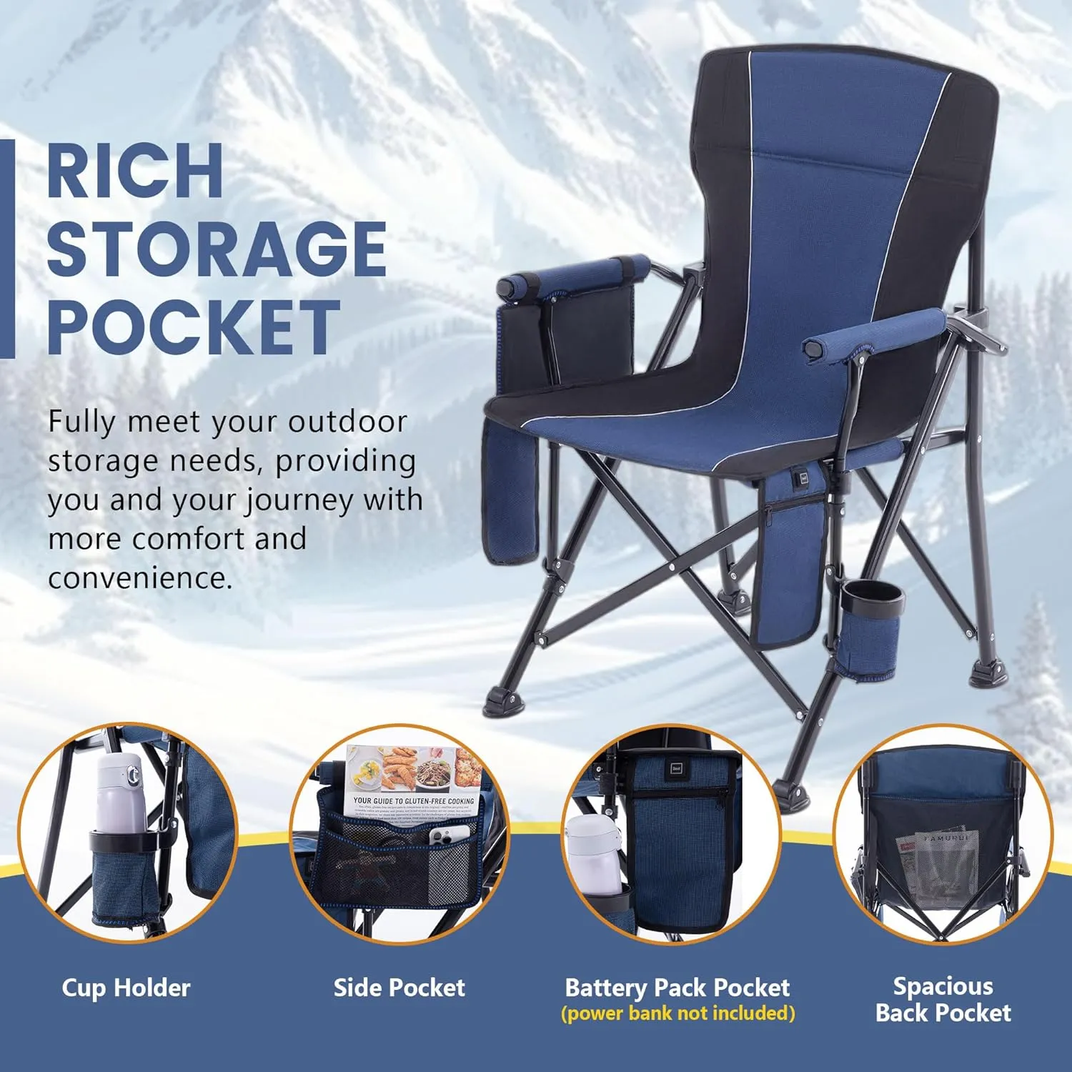 Lamberia Camping Chairs, Portable Heated Folding Chairs for Outdoor Sports, Heavy Duty Lawn Chairs for Adults Support 400lbs, Heated Camp Chair with Cup Holder,Navy Blue(2 Battery Pack Required)