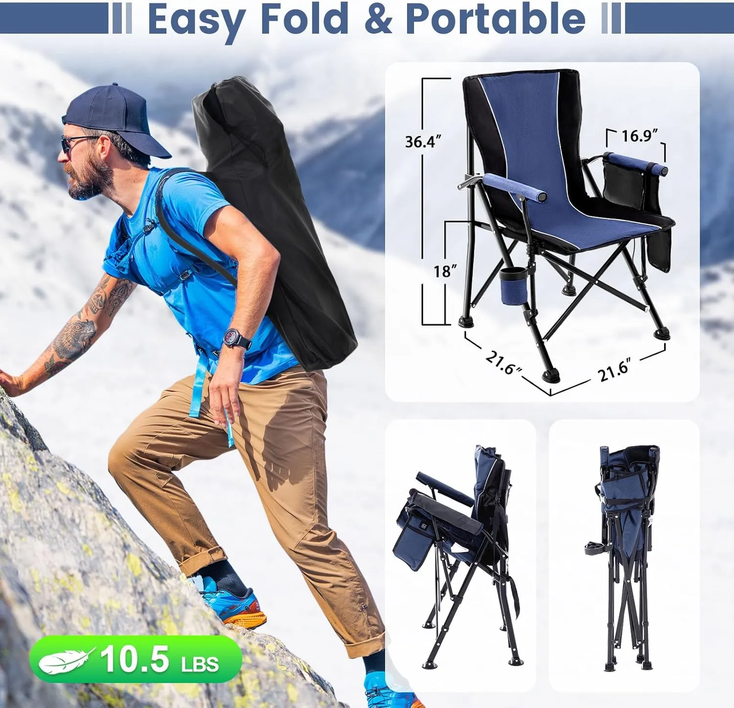 Lamberia Camping Chairs, Portable Heated Folding Chairs for Outdoor Sports, Heavy Duty Lawn Chairs for Adults Support 400lbs, Heated Camp Chair with Cup Holder,Navy Blue(2 Battery Pack Required)