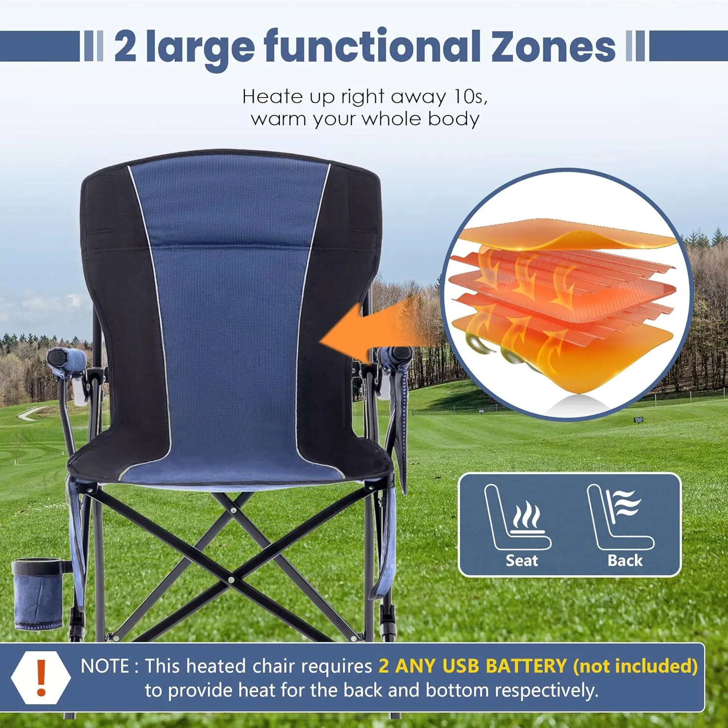 Lamberia Camping Chairs, Portable Heated Folding Chairs for Outdoor Sports, Heavy Duty Lawn Chairs for Adults Support 400lbs, Heated Camp Chair with Cup Holder,Navy Blue(2 Battery Pack Required)
