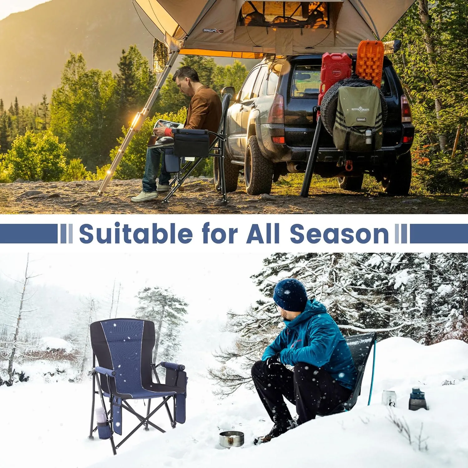 Lamberia Camping Chairs, Portable Heated Folding Chairs for Outdoor Sports, Heavy Duty Lawn Chairs for Adults Support 400lbs, Heated Camp Chair with Cup Holder,Navy Blue(2 Battery Pack Required)