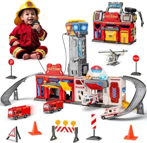 Large City Action Playset for Kid Boys 3 4 5 6 Years Old, Foldable Fire & Hospital Station Transform Track Sets with Light, Sounds, Walkie-Talkie, Cars and Helicopter, Birthday Gifts for Boys 3-5,4-6