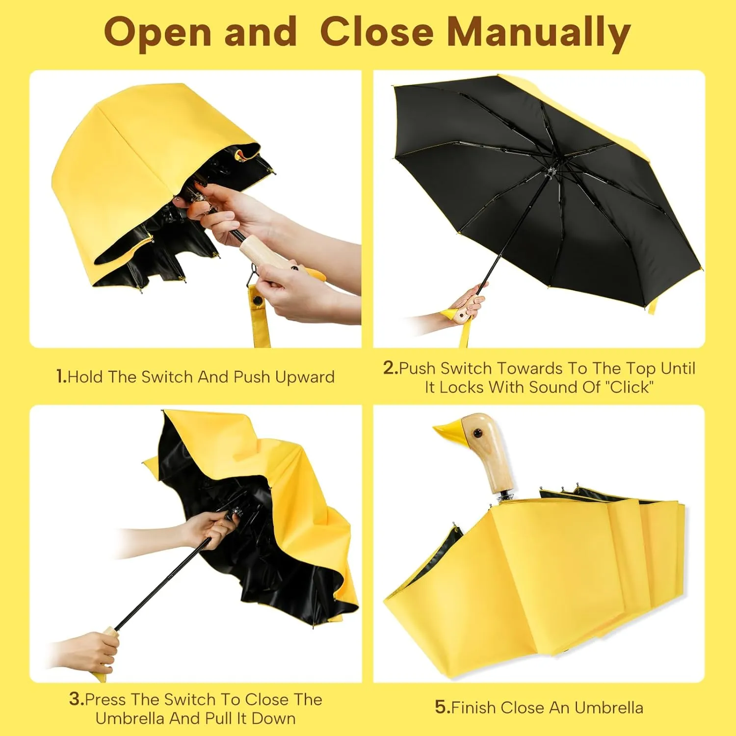 LEAGERA Compact Small Umbrellas for Rain&Sun, Cute Design Duck Head Umbrella for Girls Gifts, 8 Ribs Folding Umbrella with Wooden Handle