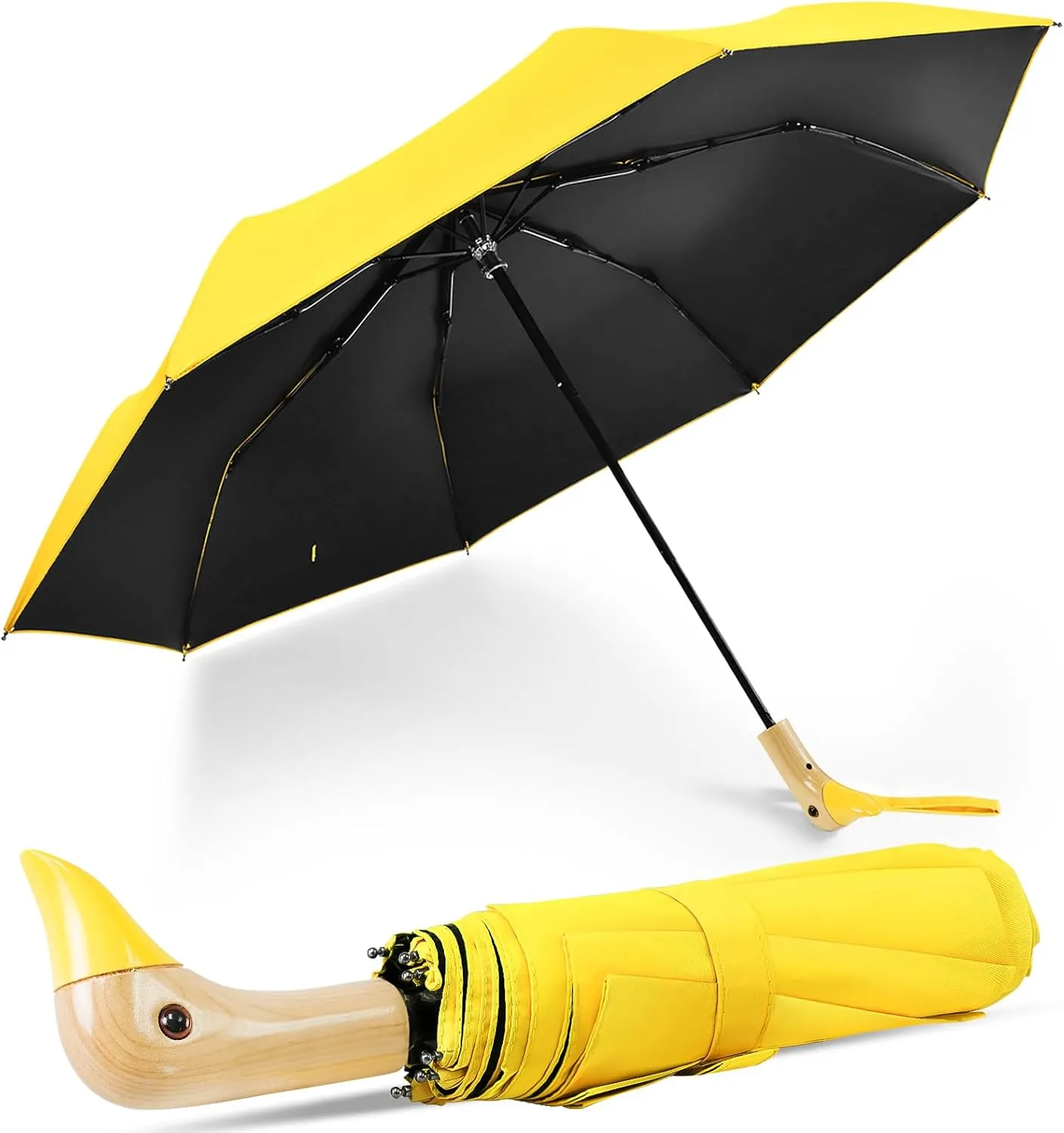 LEAGERA Compact Small Umbrellas for Rain&Sun, Cute Design Duck Head Umbrella for Girls Gifts, 8 Ribs Folding Umbrella with Wooden Handle