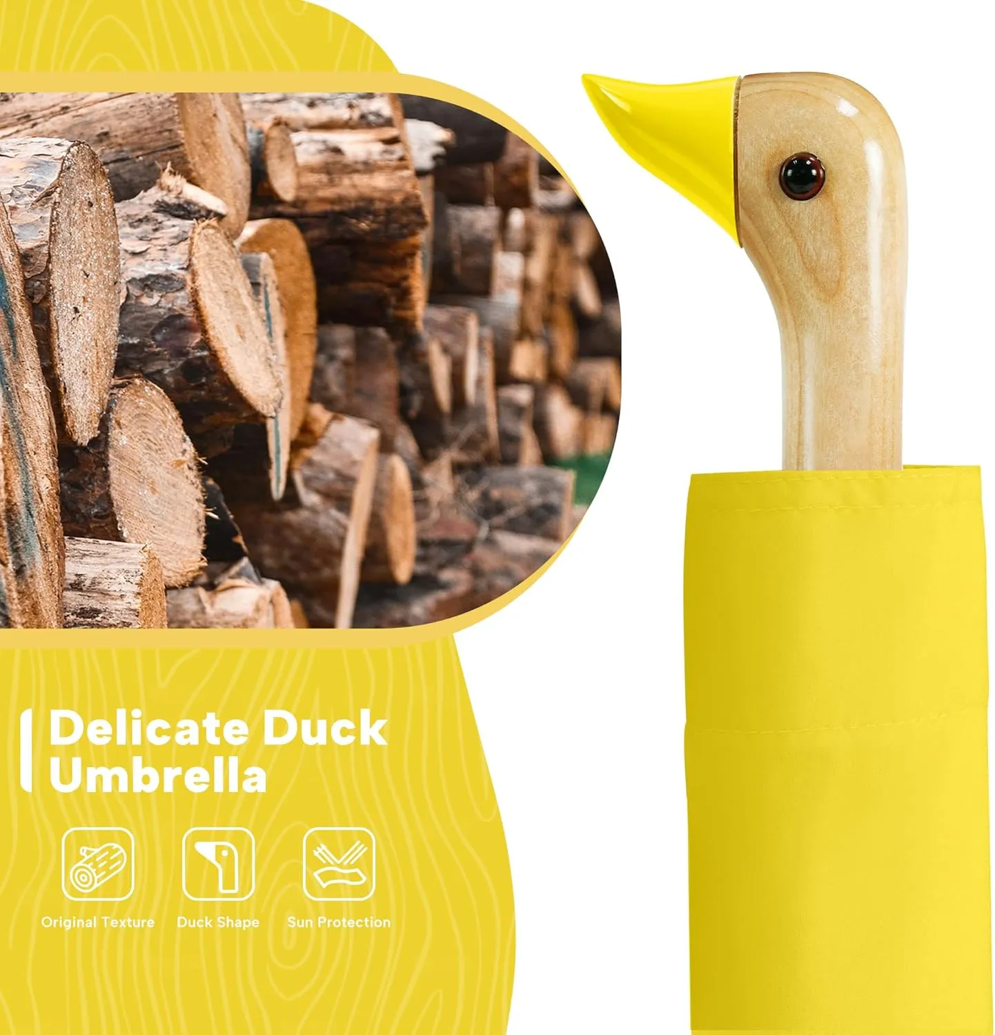 LEAGERA Compact Small Umbrellas for Rain&Sun, Cute Design Duck Head Umbrella for Girls Gifts, 8 Ribs Folding Umbrella with Wooden Handle
