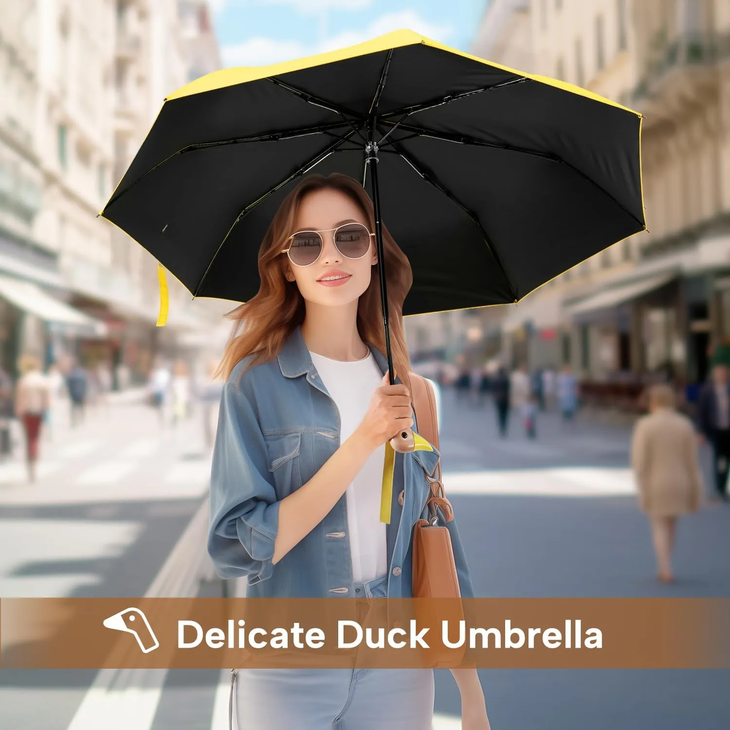 LEAGERA Compact Small Umbrellas for Rain&Sun, Cute Design Duck Head Umbrella for Girls Gifts, 8 Ribs Folding Umbrella with Wooden Handle