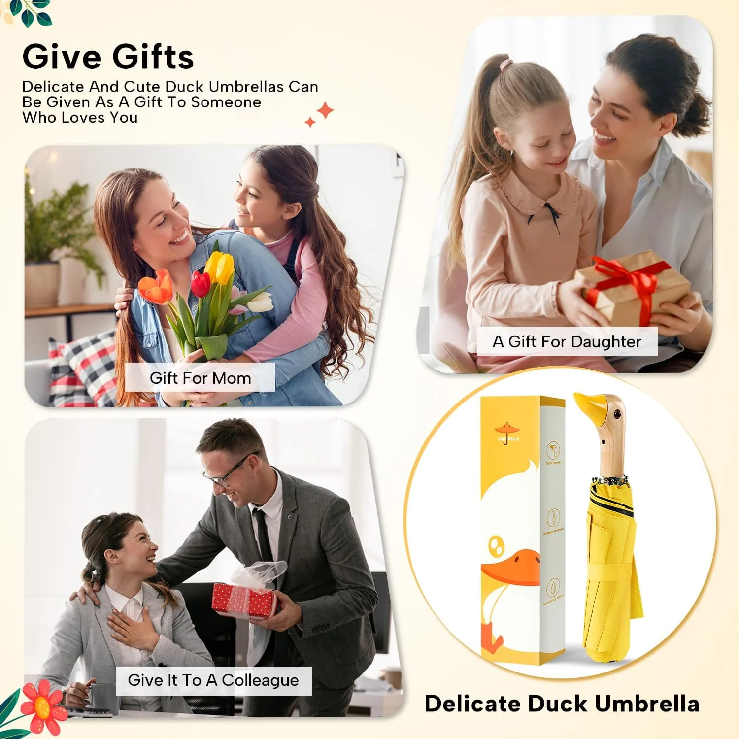 LEAGERA Compact Small Umbrellas for Rain&Sun, Cute Design Duck Head Umbrella for Girls Gifts, 8 Ribs Folding Umbrella with Wooden Handle