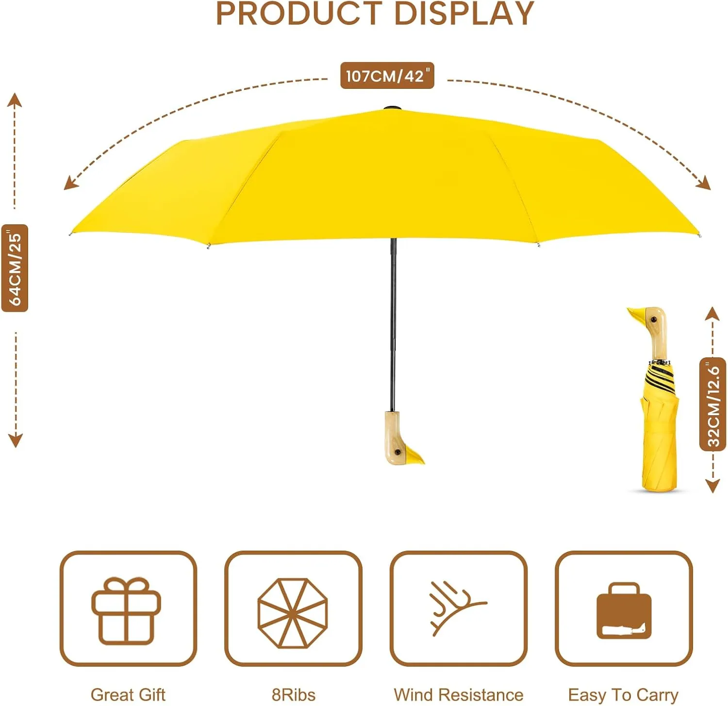 LEAGERA Compact Small Umbrellas for Rain&Sun, Cute Design Duck Head Umbrella for Girls Gifts, 8 Ribs Folding Umbrella with Wooden Handle