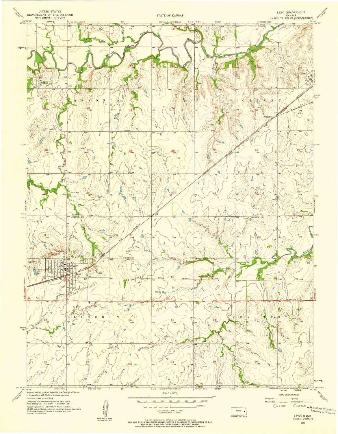 Lebo KS topo map, 1:24000 Scale, 7.5 X 7.5 Minute, Historical, 1957, Updated 1958, 27.1 x 21.14 in