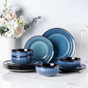 LERATIO Ceramic Dinnerware Sets,Handcraft Embossed Stoneware Plates and Bowls Sets,Highly Chip and Crack Resistant | Dishwasher & Microwave & Oven Safe Dishes set,Service for 4 (12pc)-Blue